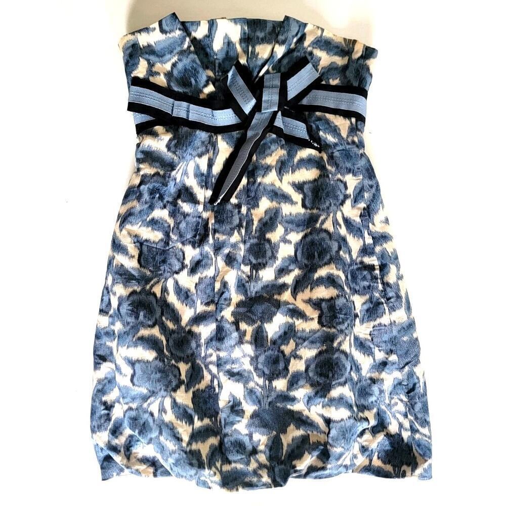 BCBGMaxaria Dress Size 2 Blue Short Balloon Style Bow Strapless Floral Prom